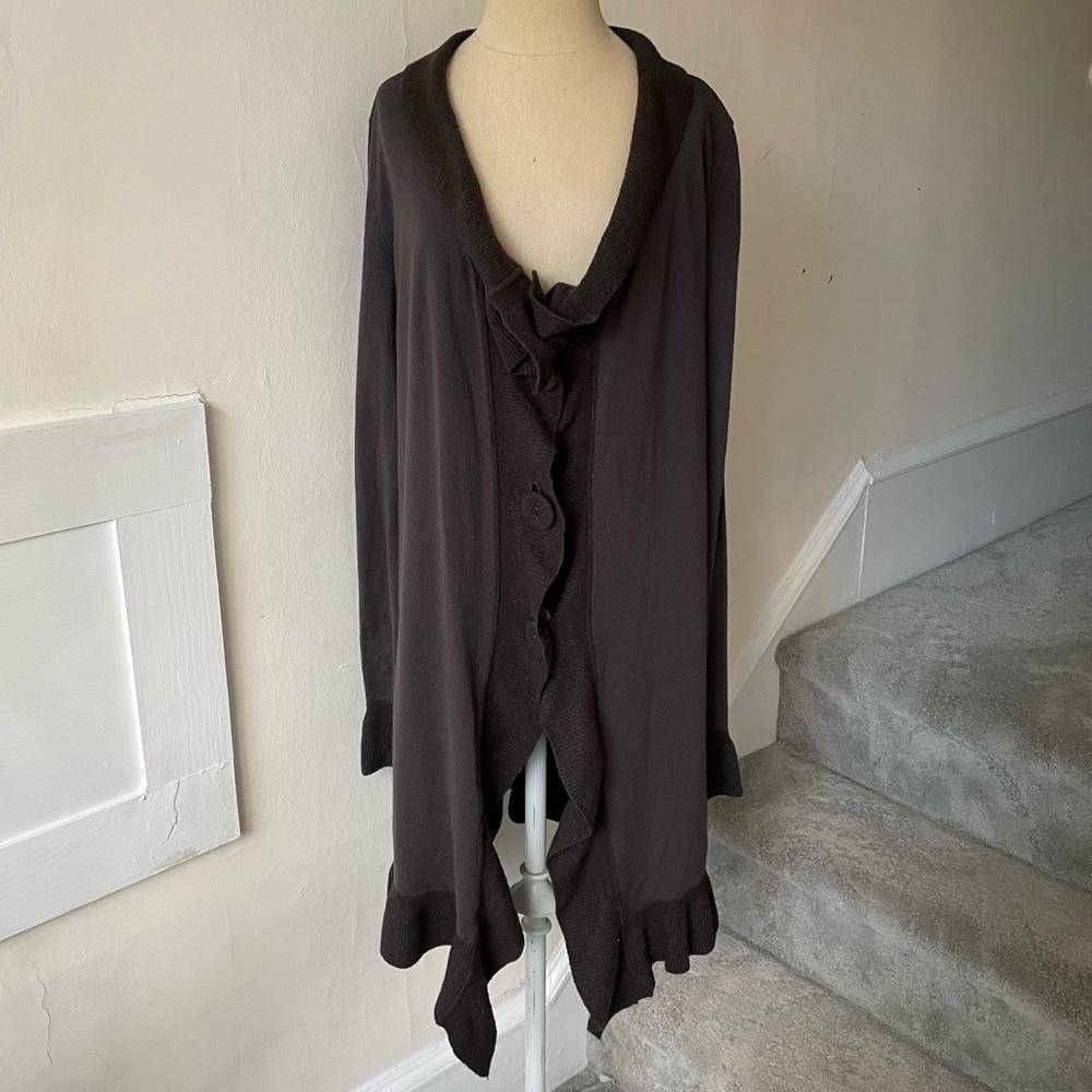 Twinset Twin-Set Brown Ruffle Front Brown Wool Button Front Long Cardigan Duster